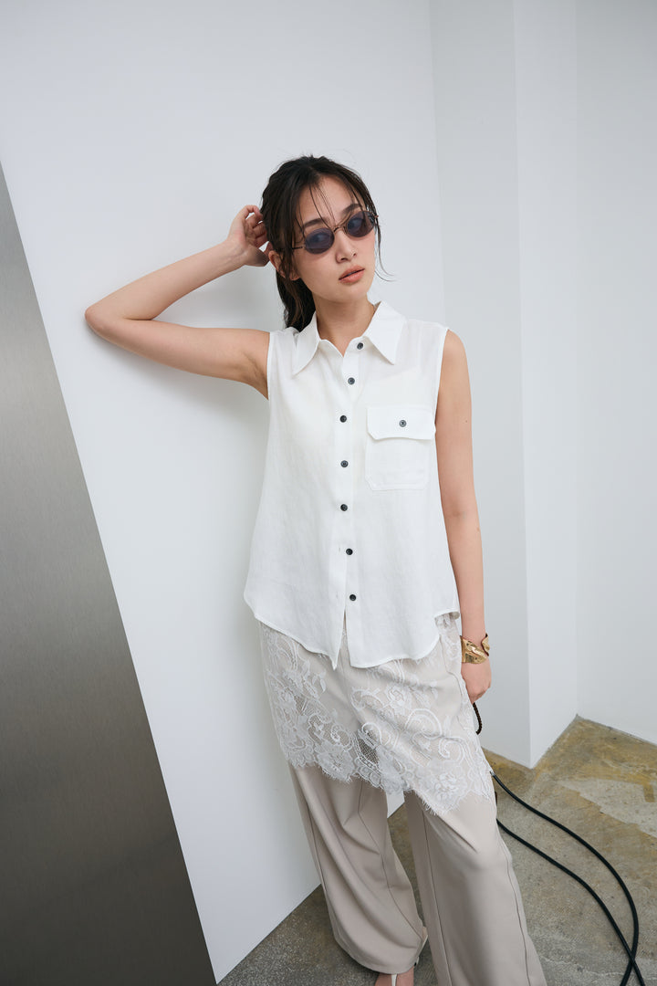 [予約/SET]ポケットノースリーブシャツ+レースドッキングツイルパンツ(2set)