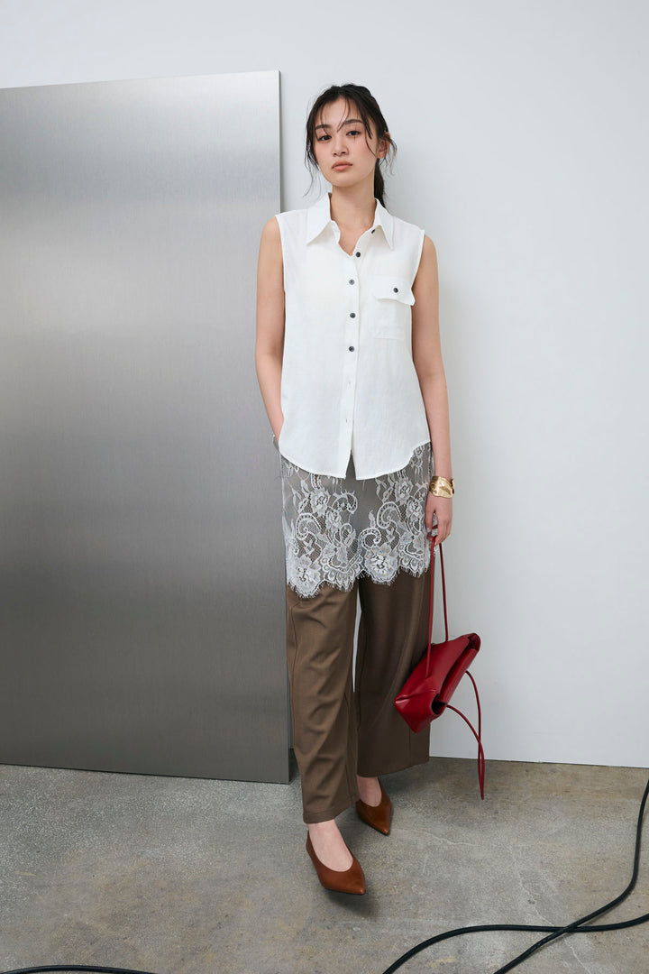 [予約/SET]ポケットノースリーブシャツ+レースドッキングツイルパンツ(2set)