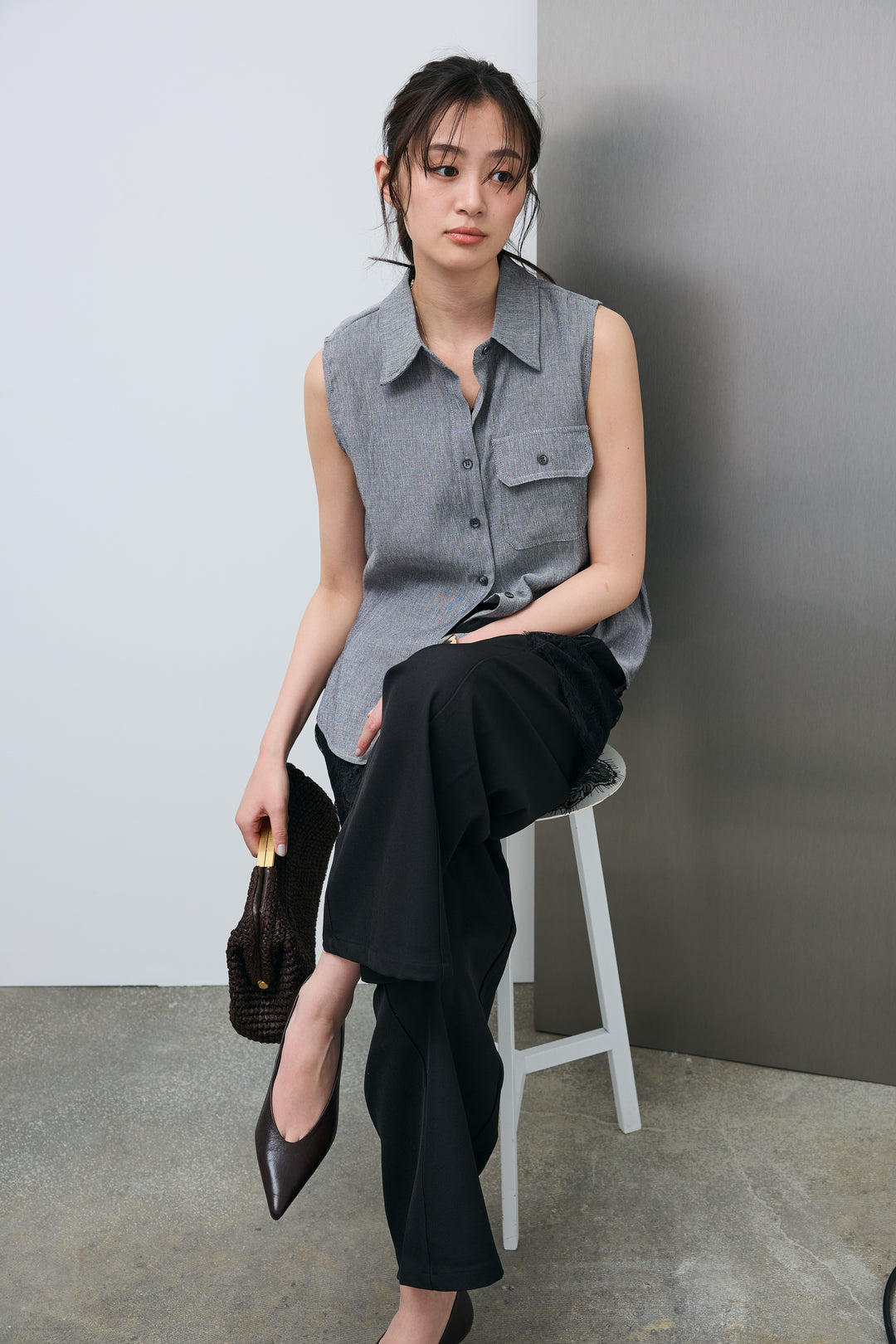 [予約/SET]ポケットノースリーブシャツ+レースドッキングツイルパンツ(2set)