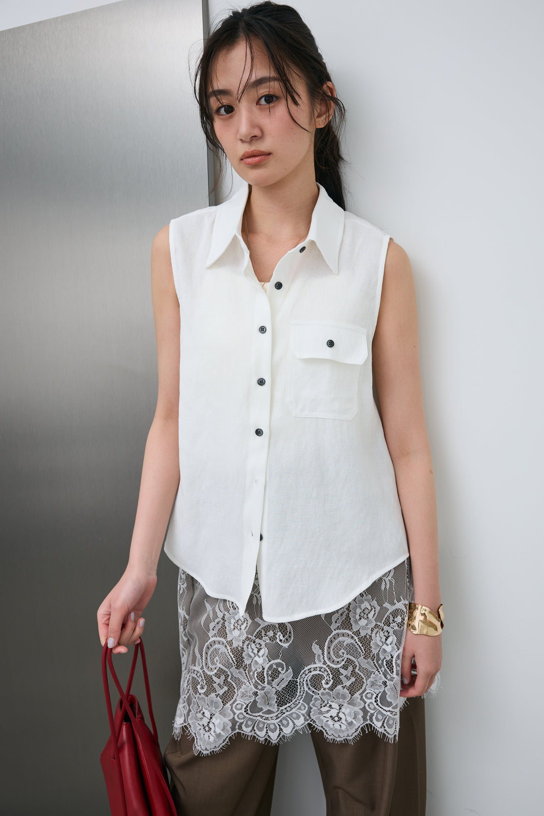 [予約/SET]ポケットノースリーブシャツ+レースドッキングツイルパンツ(2set)