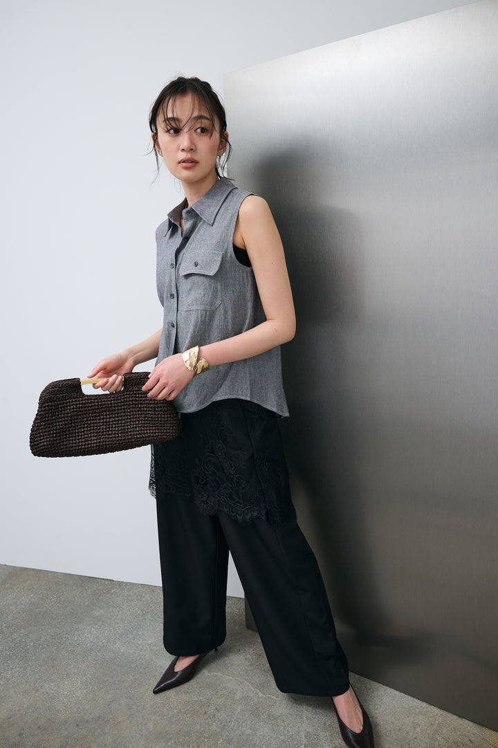 [予約/SET]ポケットノースリーブシャツ+レースドッキングツイルパンツ(2set)