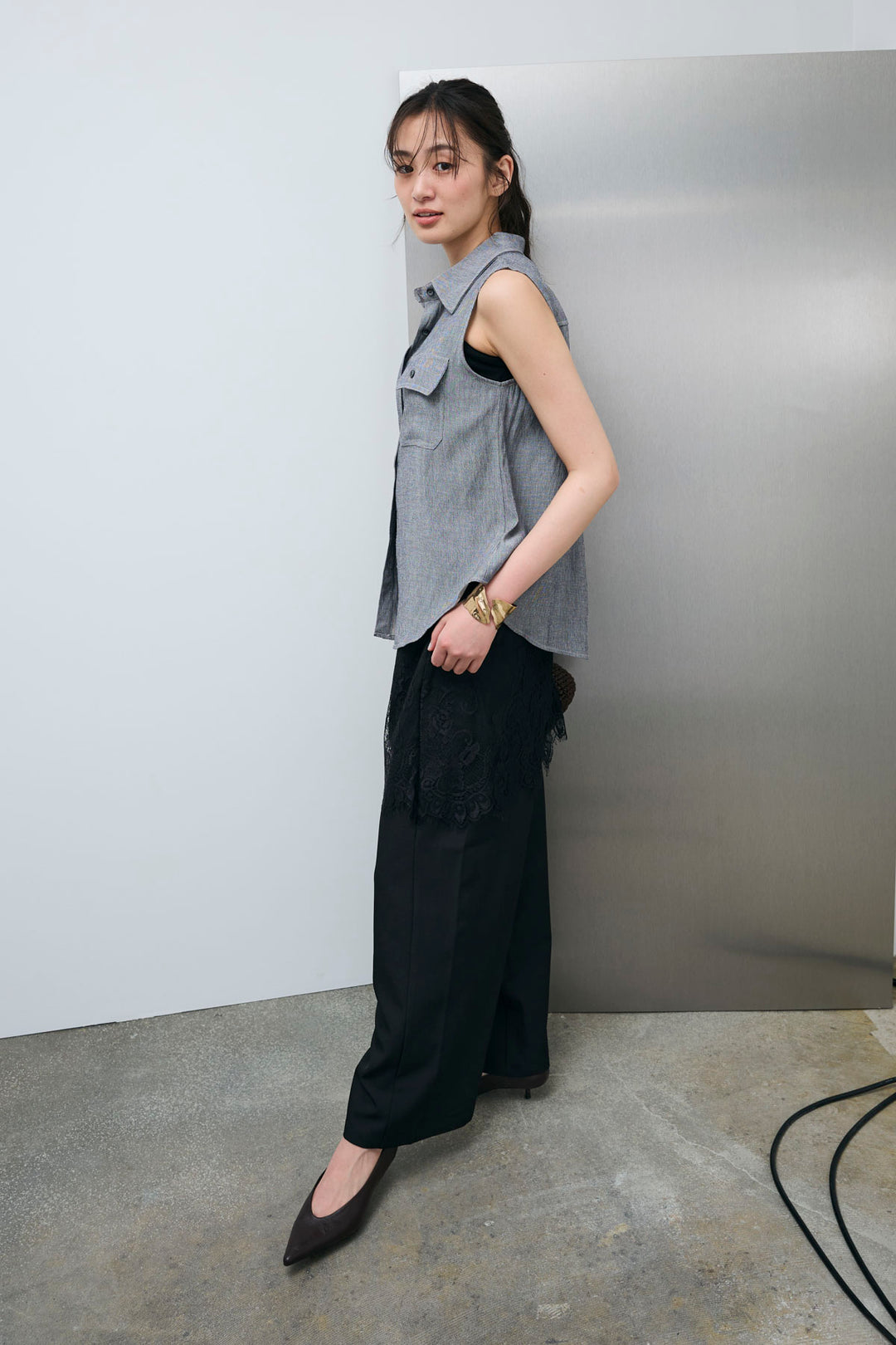 [予約/SET]ポケットノースリーブシャツ+レースドッキングツイルパンツ(2set)