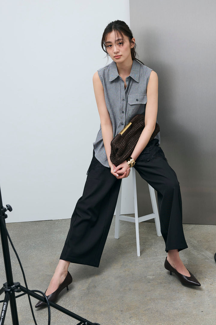 [予約/SET]ポケットノースリーブシャツ+レースドッキングツイルパンツ(2set)