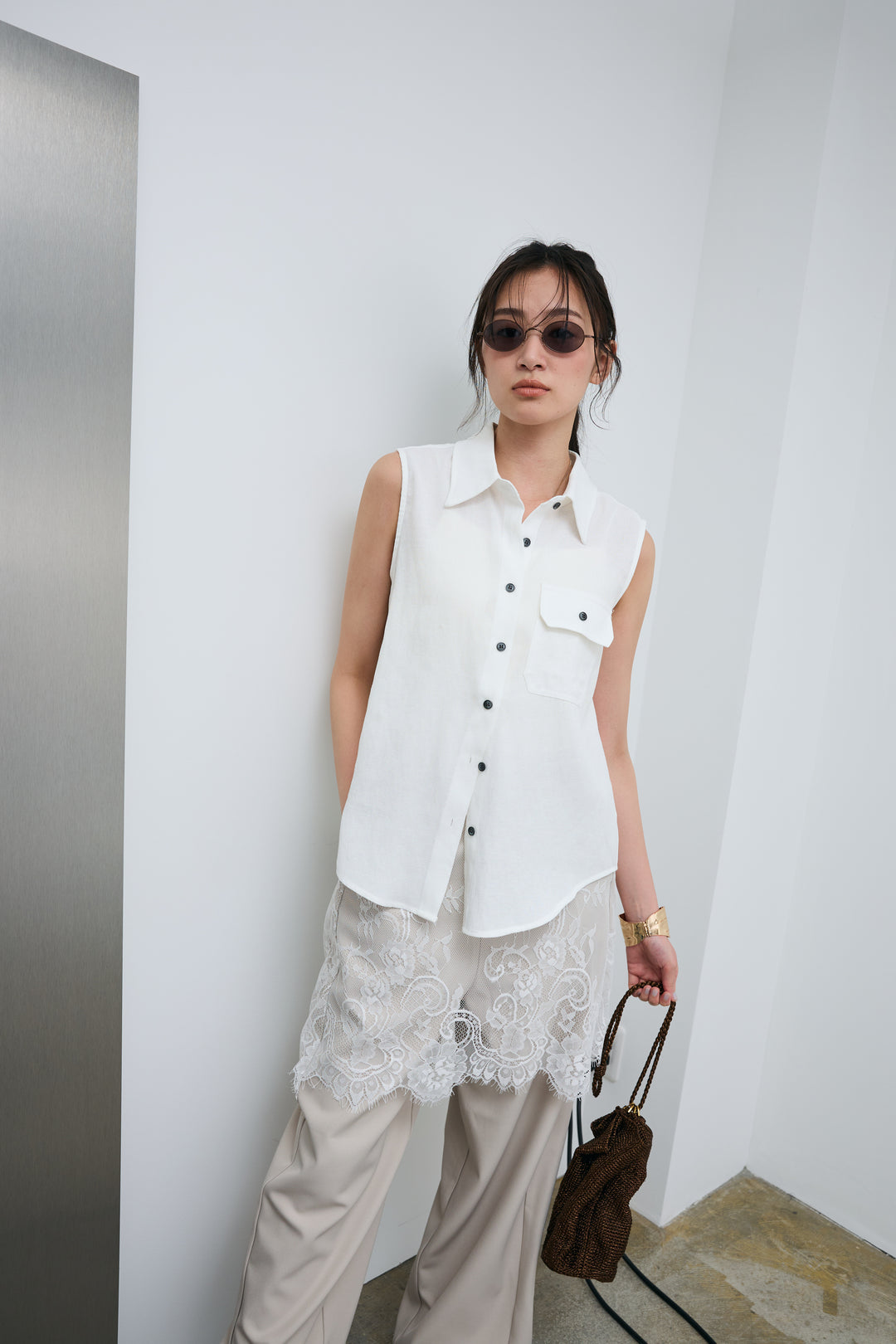 [予約/SET]ポケットノースリーブシャツ+レースドッキングツイルパンツ(2set)