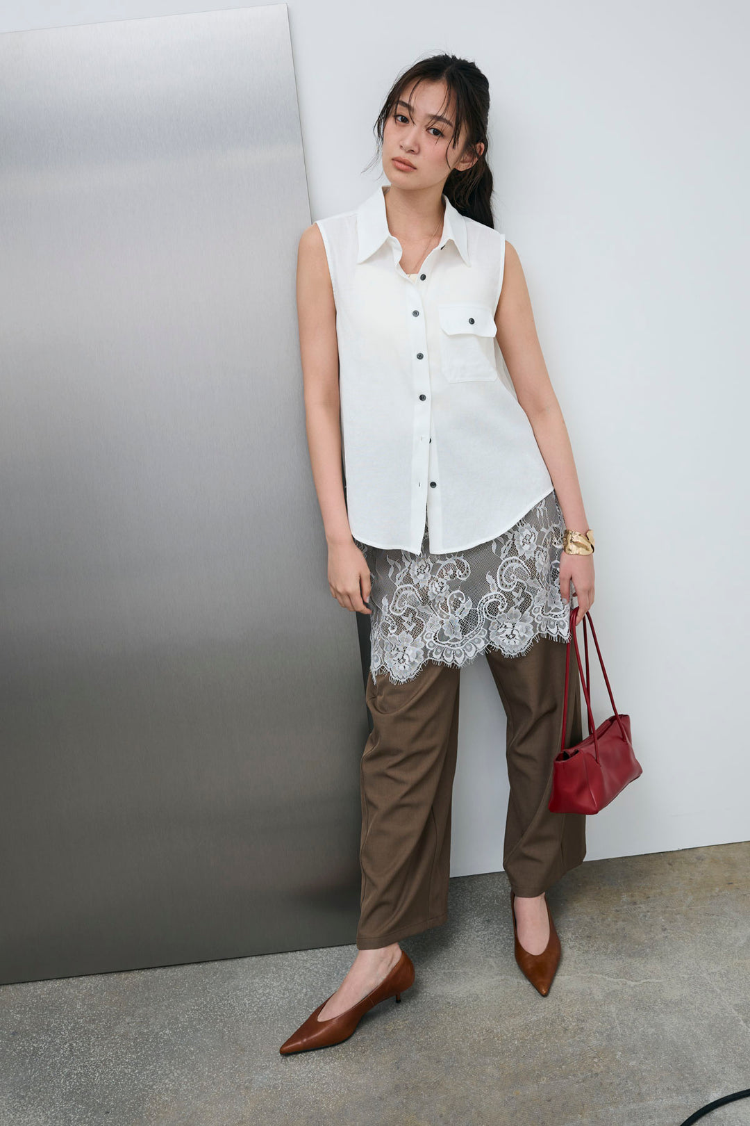 [予約/SET]ポケットノースリーブシャツ+レースドッキングツイルパンツ(2set)