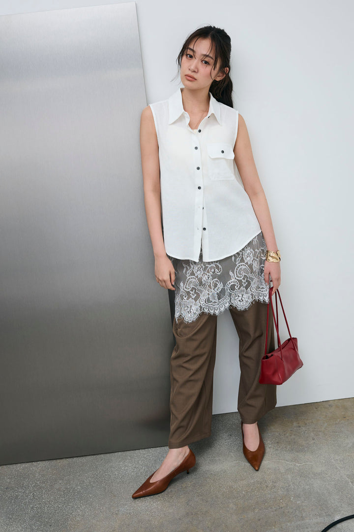 [予約/SET]ポケットノースリーブシャツ+レースドッキングツイルパンツ(2set)