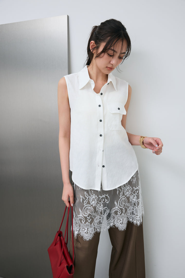 [予約/SET]ポケットノースリーブシャツ+レースドッキングツイルパンツ(2set)