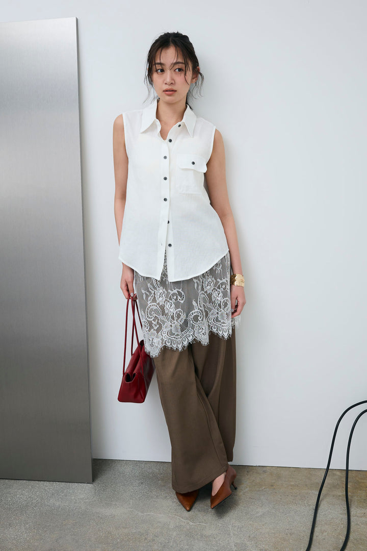 [予約/SET]ポケットノースリーブシャツ+レースドッキングツイルパンツ(2set)