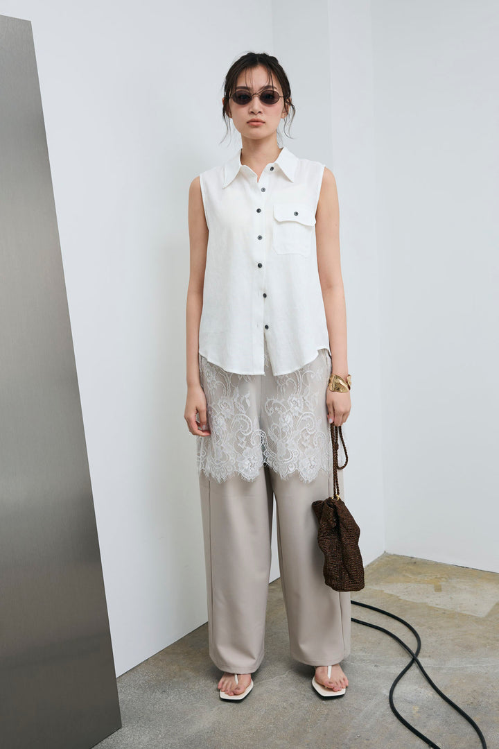 [予約/SET]ポケットノースリーブシャツ+レースドッキングツイルパンツ(2set)