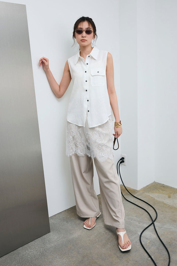 [予約/SET]ポケットノースリーブシャツ+レースドッキングツイルパンツ(2set)