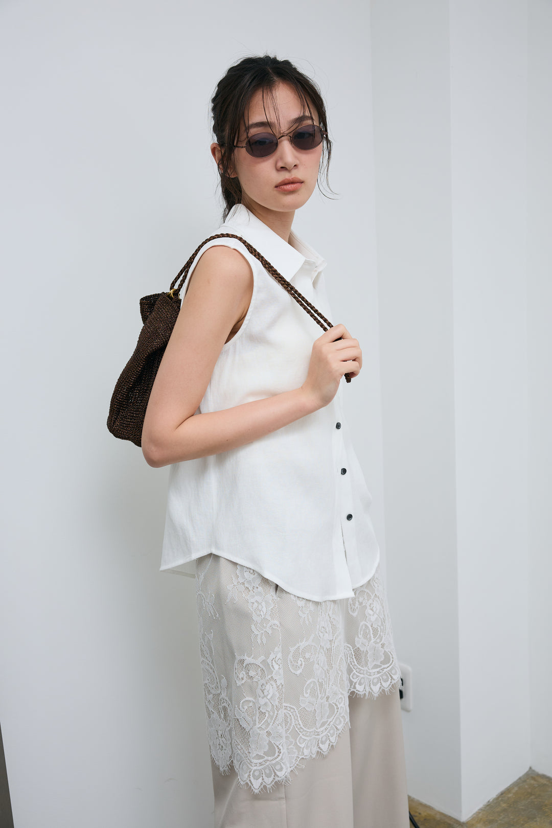 [予約/SET]ポケットノースリーブシャツ+レースドッキングツイルパンツ(2set)