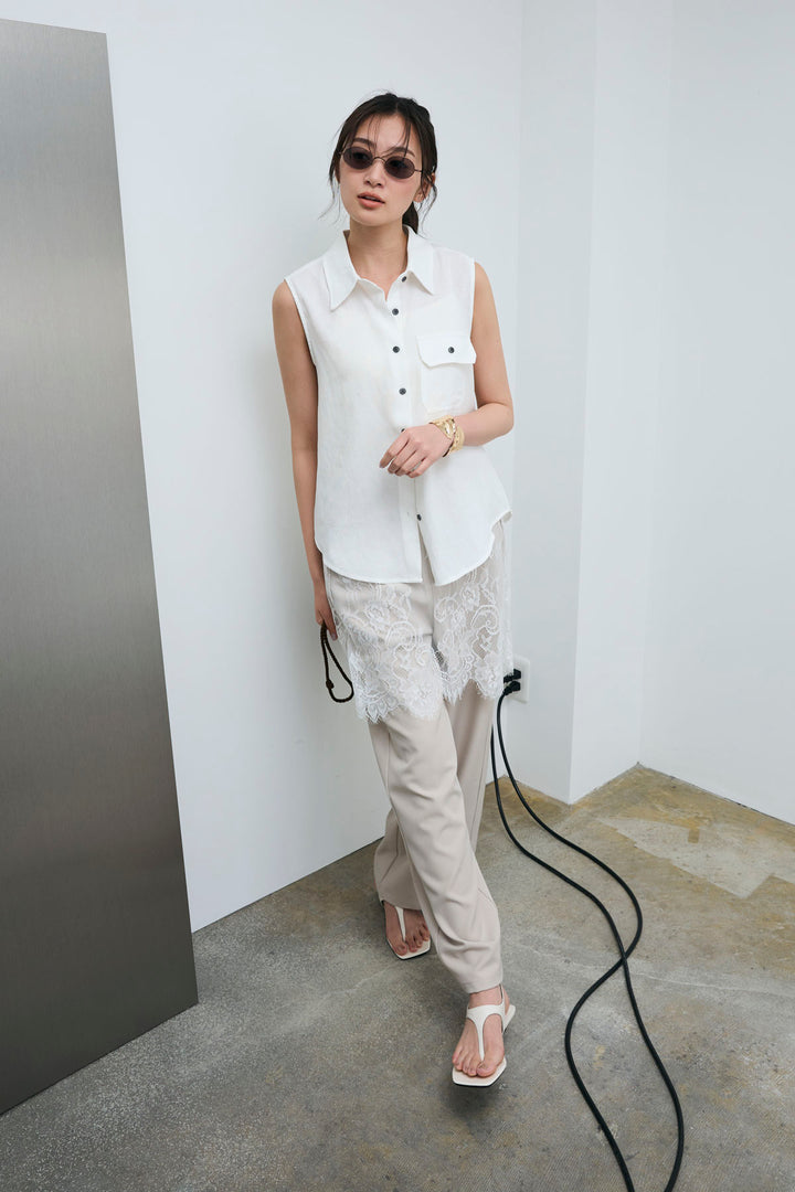 [予約/SET]ポケットノースリーブシャツ+レースドッキングツイルパンツ(2set)