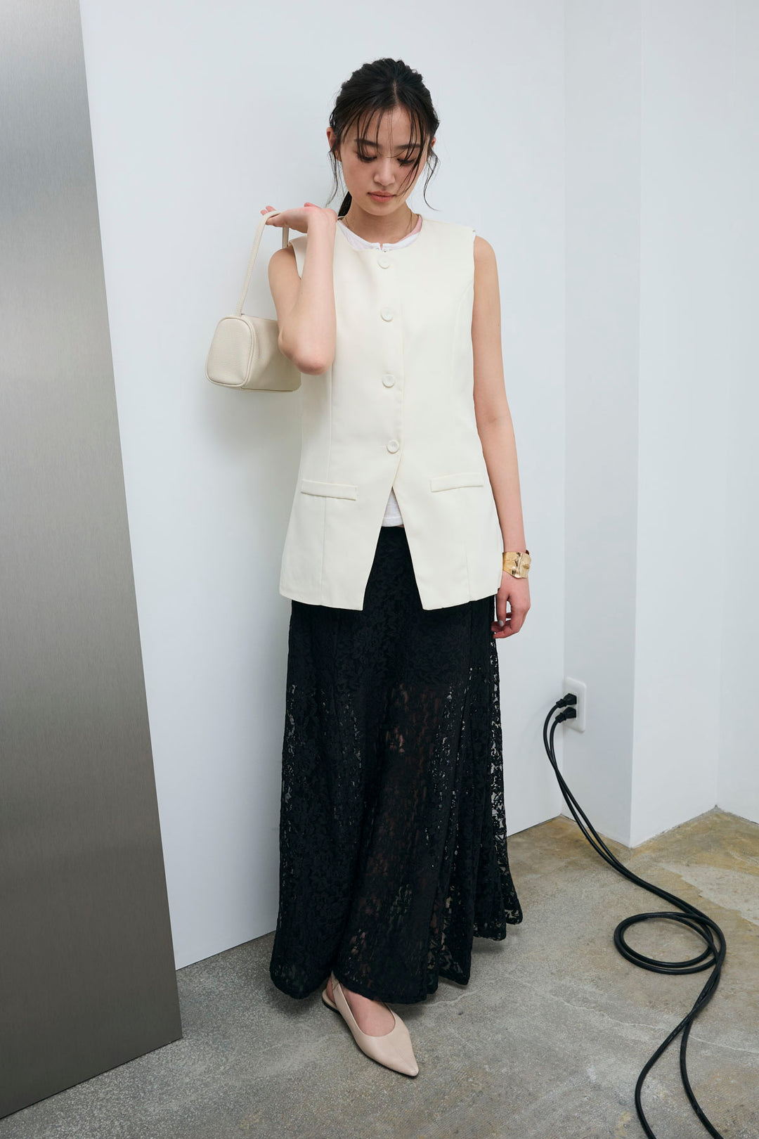 [予約/SET]クルーネックミディベスト+総レーススカート(2set)