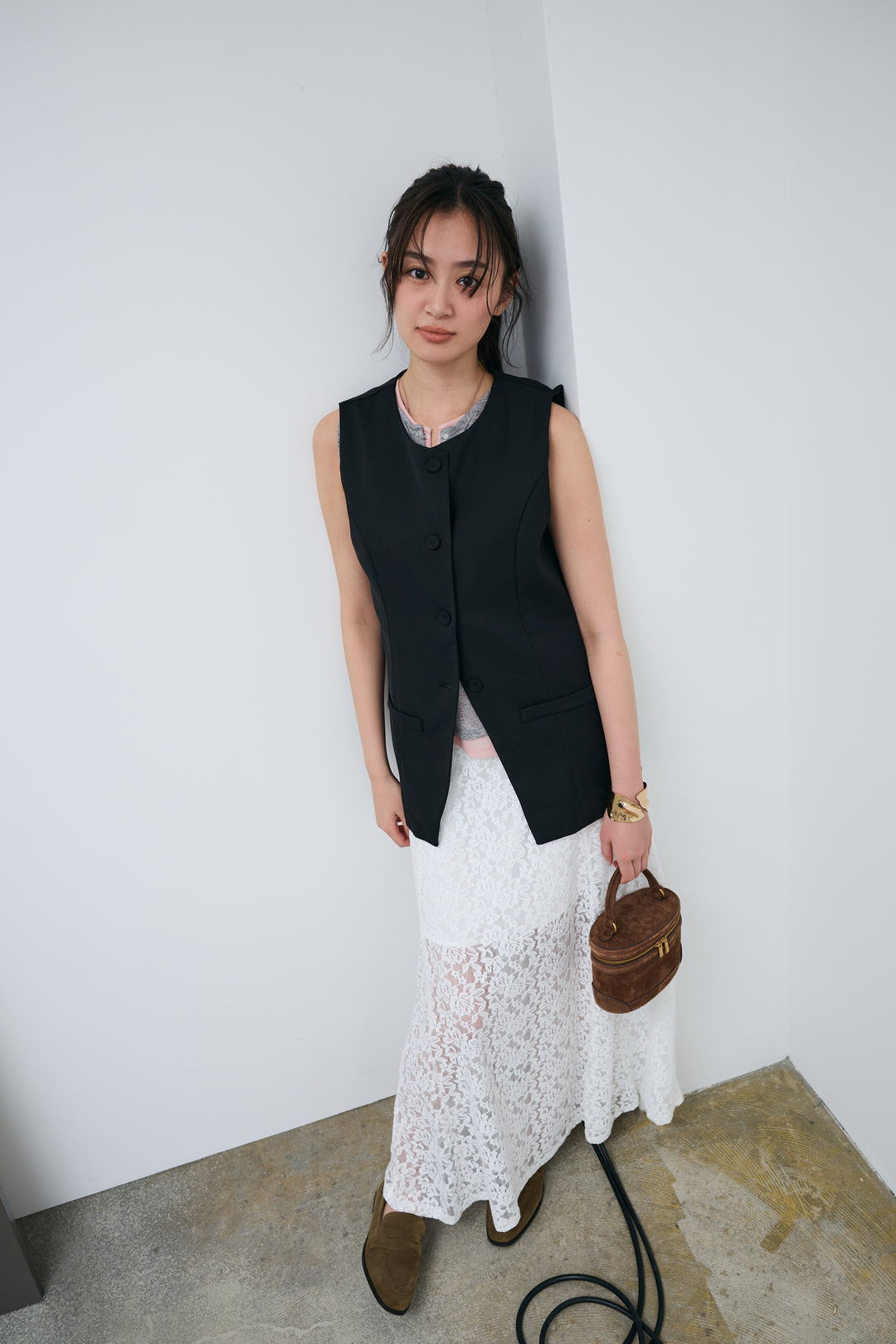 [予約/SET]クルーネックミディベスト+総レーススカート(2set)