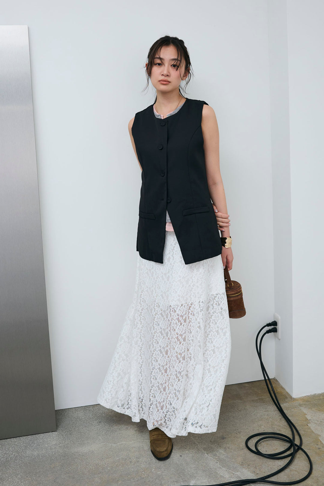 [予約/SET]クルーネックミディベスト+総レーススカート(2set)