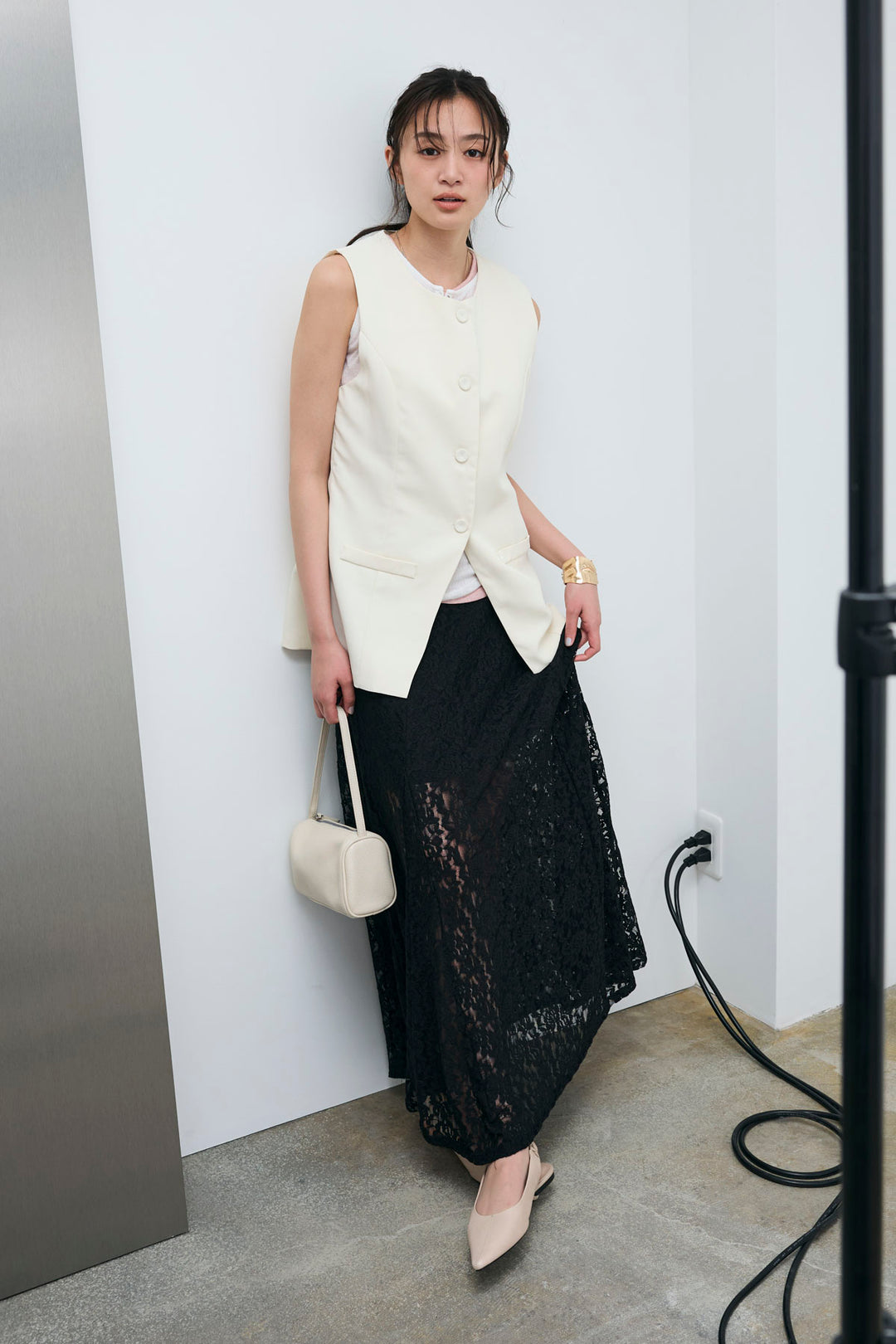 [予約/SET]クルーネックミディベスト+総レーススカート(2set)