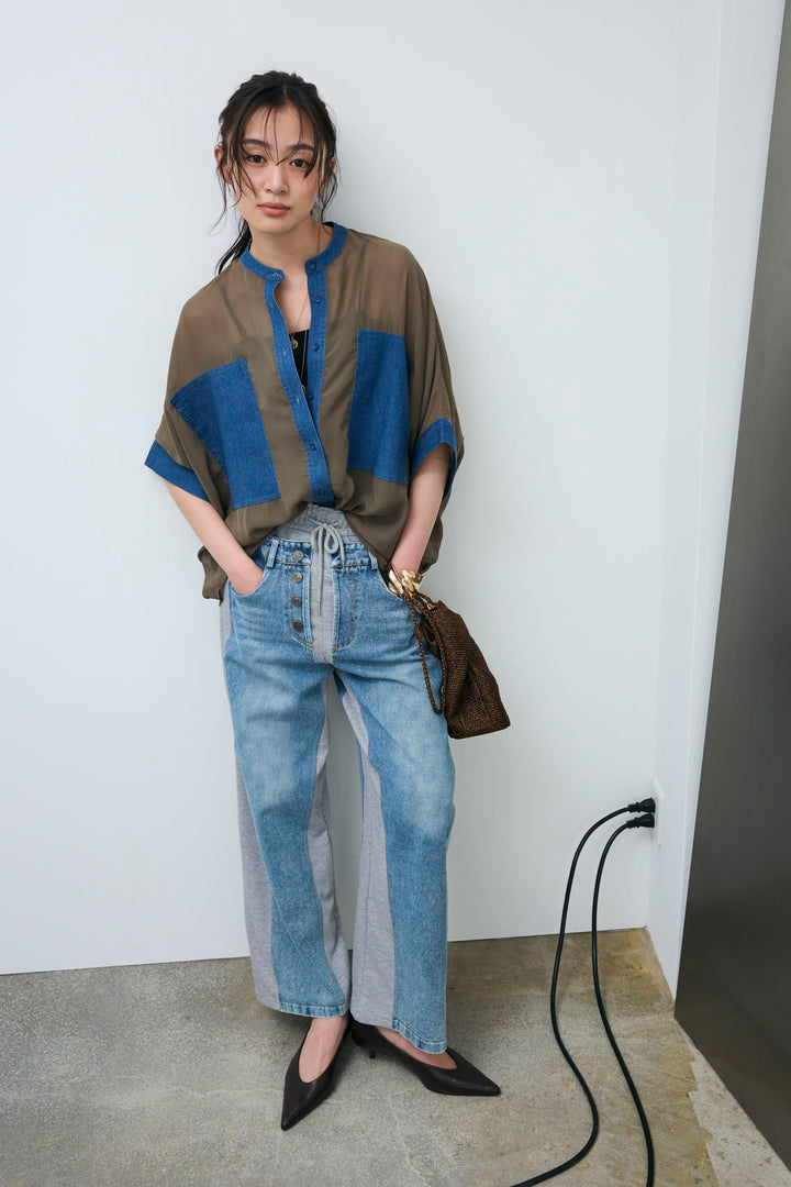 [予約/SET]デニムポケットシアードルマンシャツ+スウェット切り替えデニムパンツ(2set)