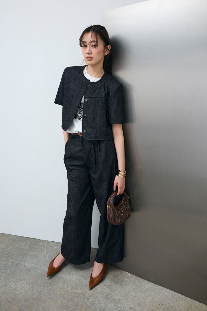 [予約]デニムライクノーカラーハーフスリーブセットアップ