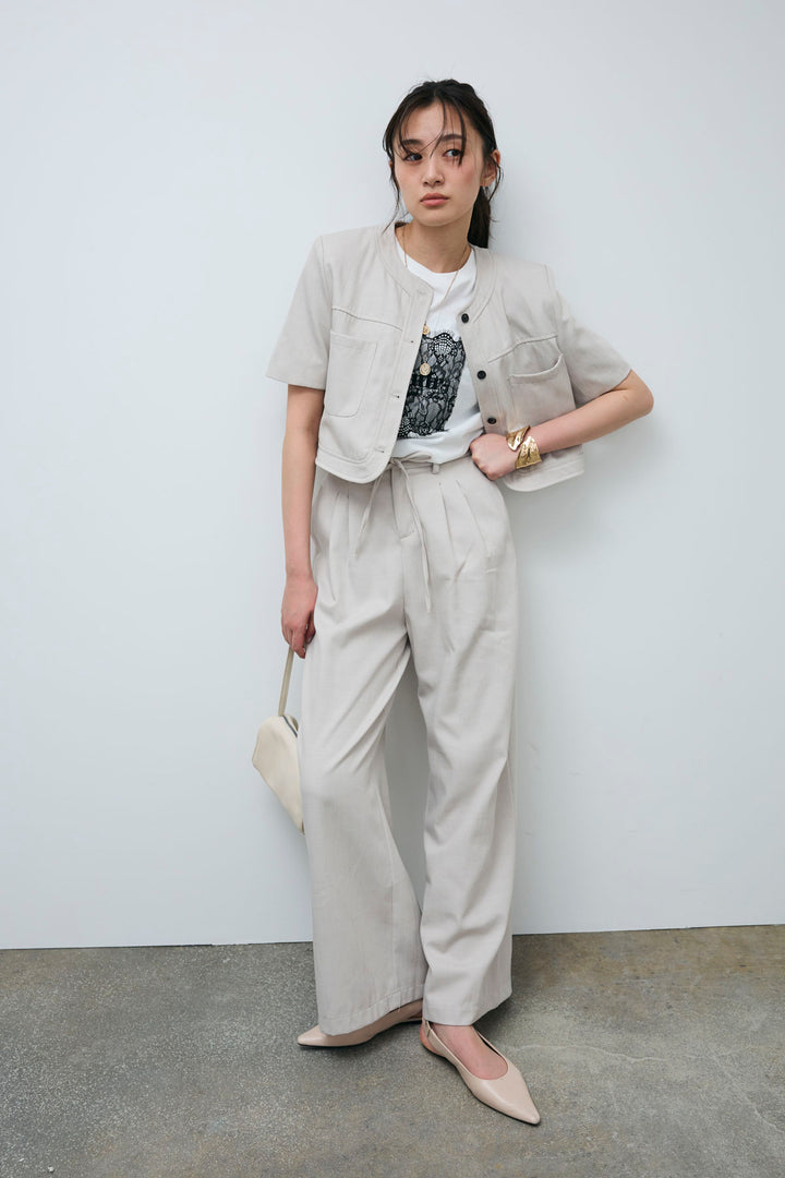 [予約/SET]デニムライクノーカラーハーフスリーブセットアップ+cooltouchレースロゴ刺繍Tシャツ(2set)