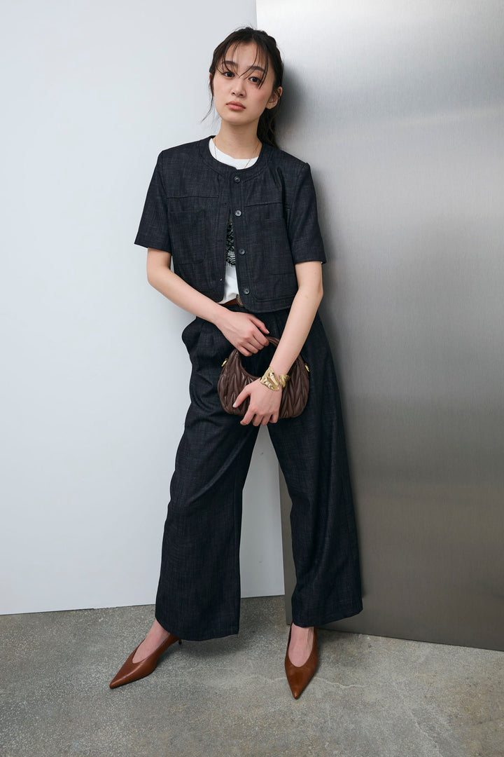 [予約/SET]デニムライクノーカラーハーフスリーブセットアップ+cooltouchレースロゴ刺繍Tシャツ(2set)