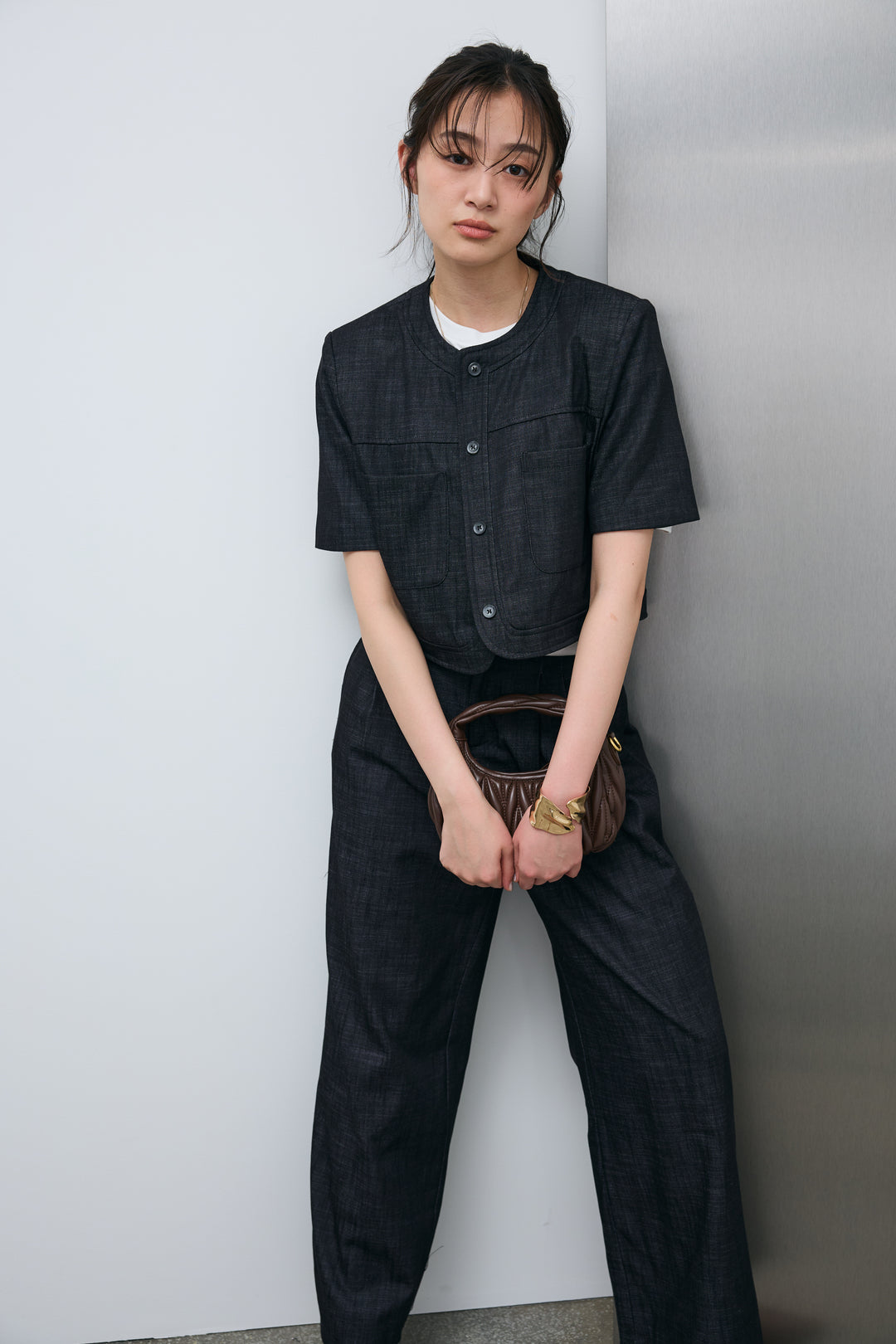 [予約/SET]デニムライクノーカラーハーフスリーブセットアップ+cooltouchレースロゴ刺繍Tシャツ(2set)