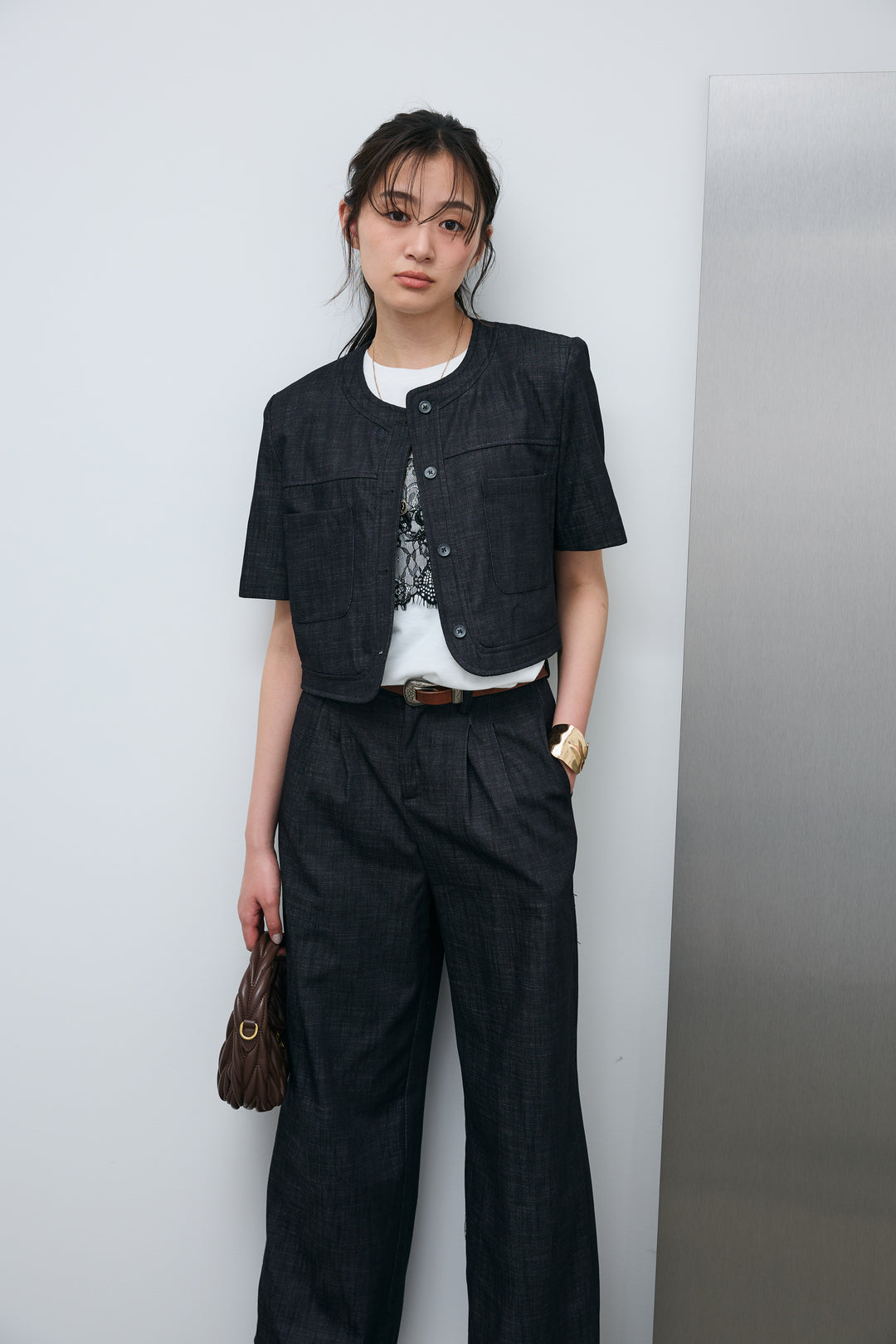 [予約]デニムライクノーカラーハーフスリーブセットアップ