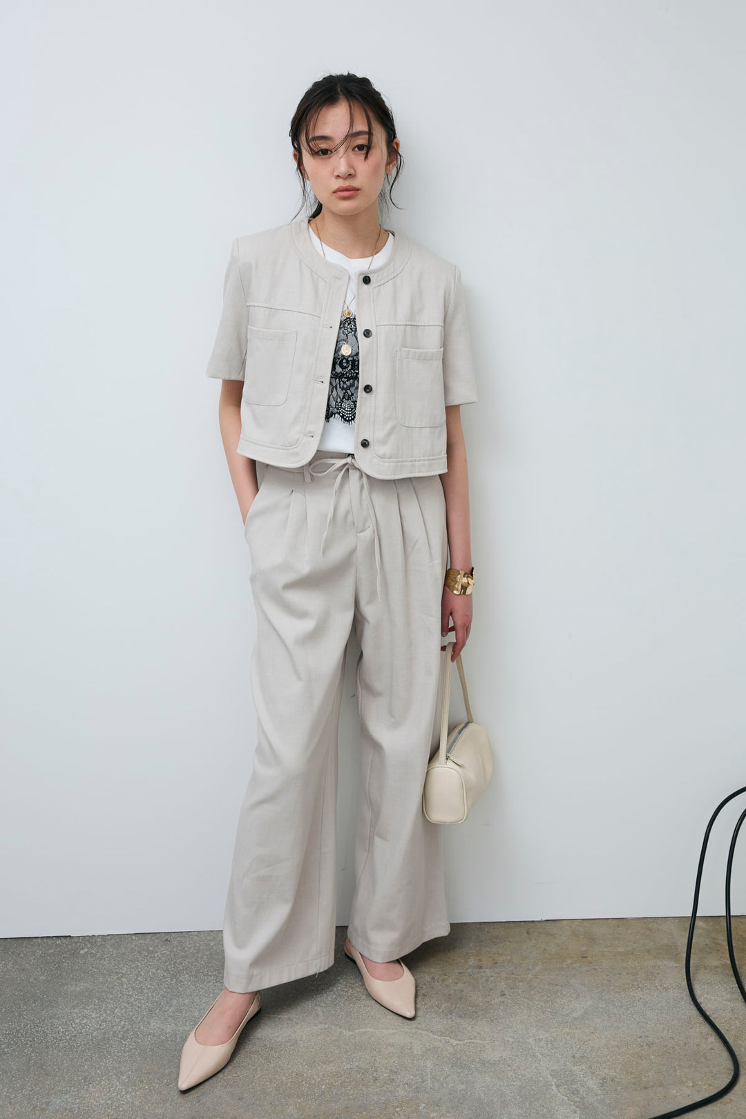 [予約]デニムライクノーカラーハーフスリーブセットアップ