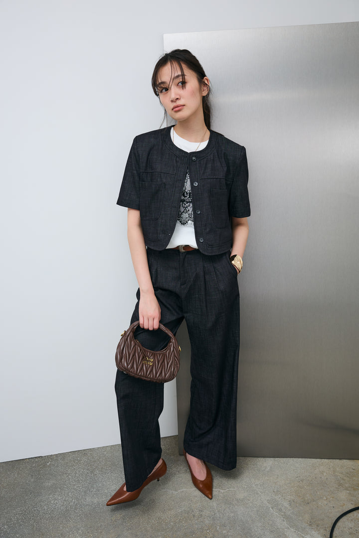 [予約/SET]デニムライクノーカラーハーフスリーブセットアップ+cooltouchレースロゴ刺繍Tシャツ(2set)