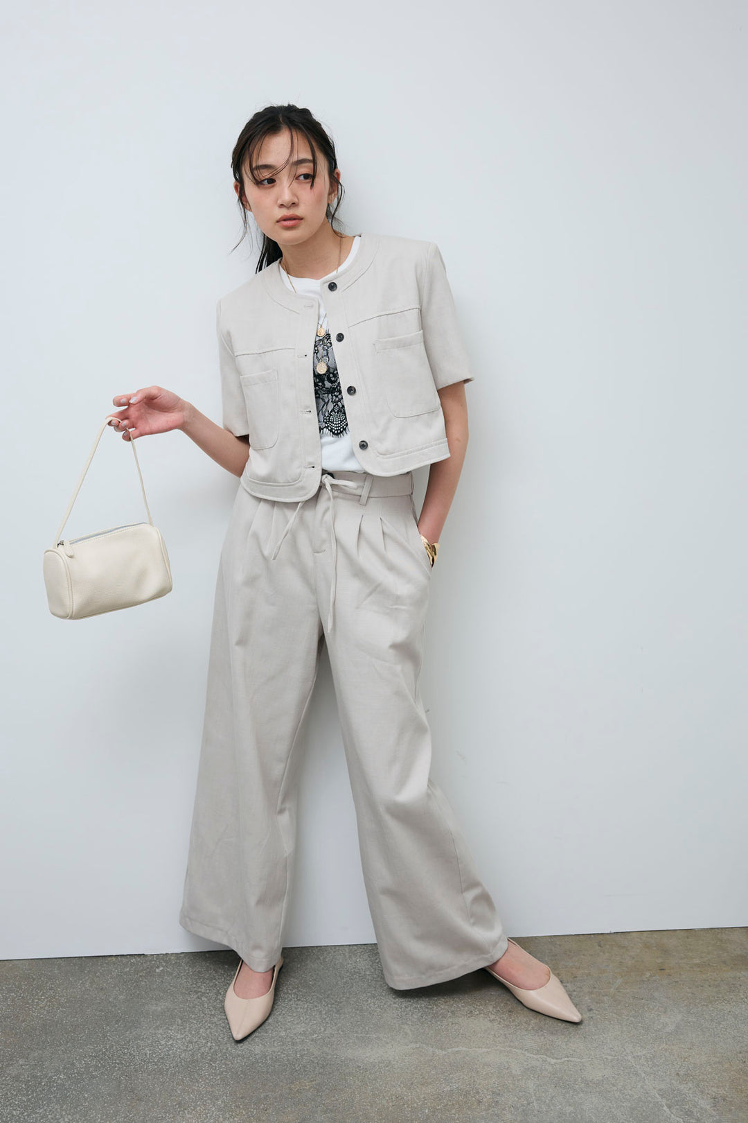 [予約/SET]デニムライクノーカラーハーフスリーブセットアップ+cooltouchレースロゴ刺繍Tシャツ(2set)