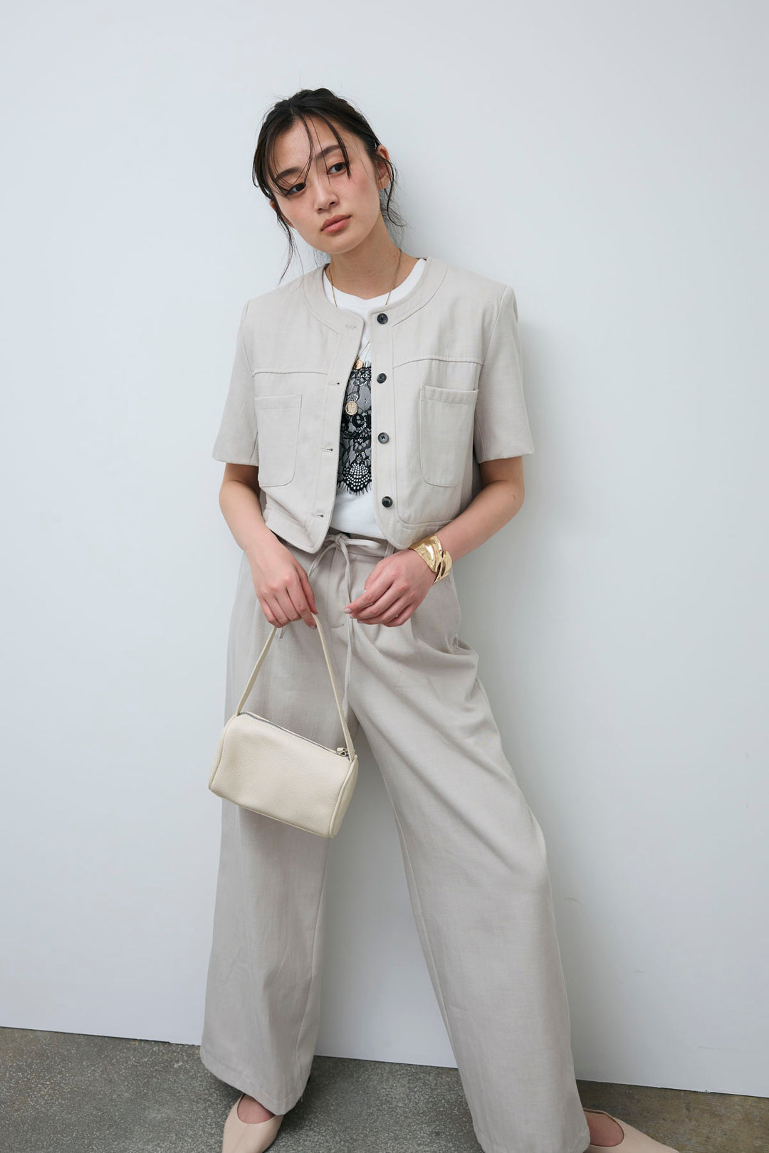 [予約]デニムライクノーカラーハーフスリーブセットアップ