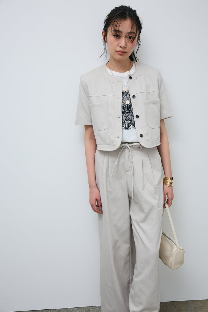 [予約]デニムライクノーカラーハーフスリーブセットアップ