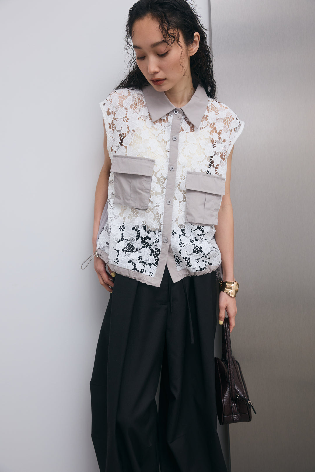 [予約/SET]バックプリーツレーストップス+ニータックルーズワイドパンツ(2set)