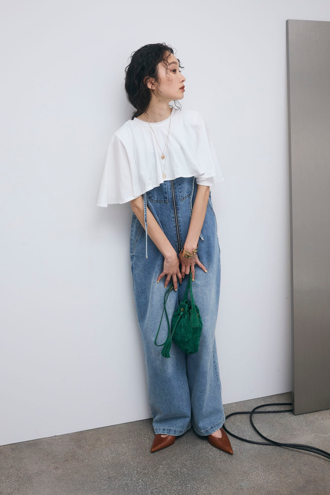 [予約/SET]天竺ケープTシャツ+フロントジップストラップデザインデニムサロペット(2set)