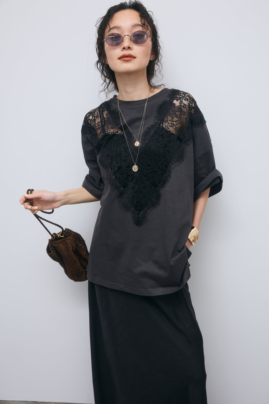 [予約/SET]レース切替Tシャツ+裾レースバイアススカート(2set)