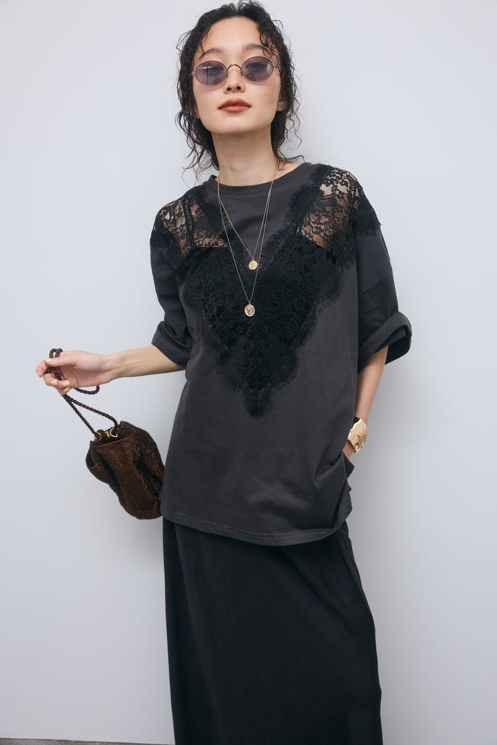 [予約/SET]レース切替Tシャツ+裾レースバイアススカート(2set)