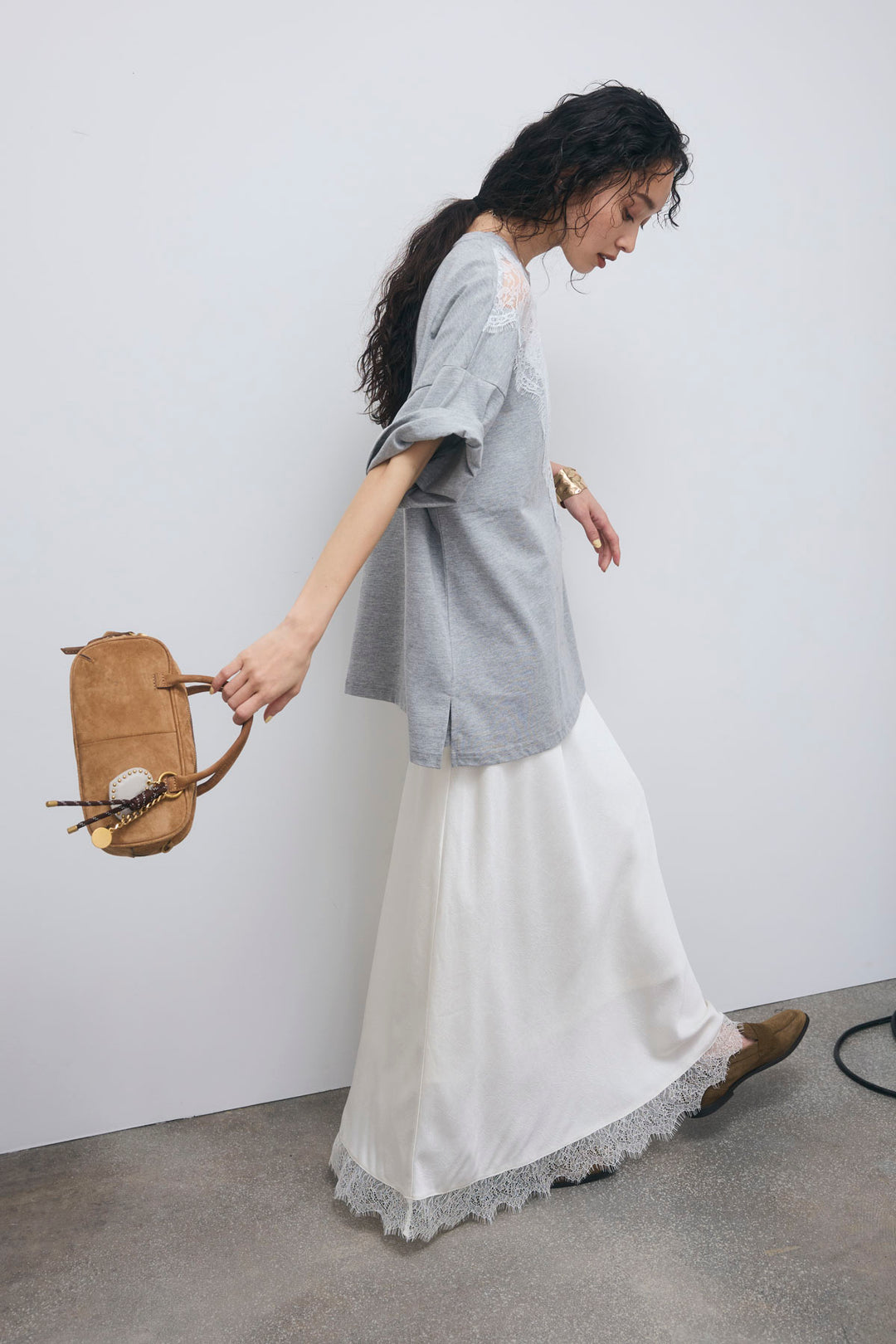 [予約/SET]レース切替Tシャツ+裾レースバイアススカート(2set)