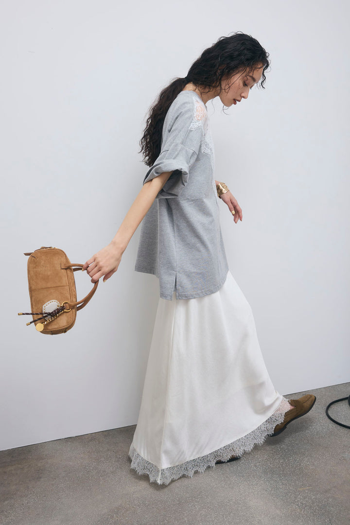[予約/SET]レース切替Tシャツ+裾レースバイアススカート(2set)