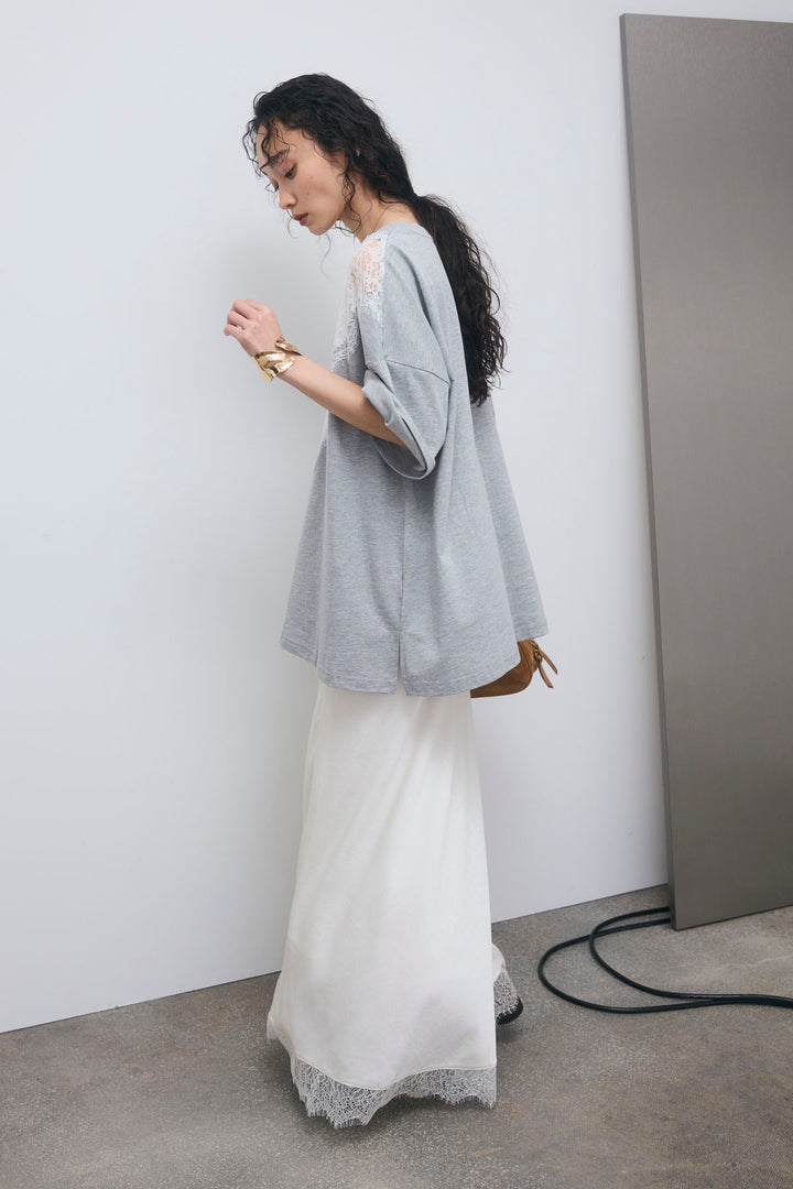 [予約/SET]レース切替Tシャツ+裾レースバイアススカート(2set)