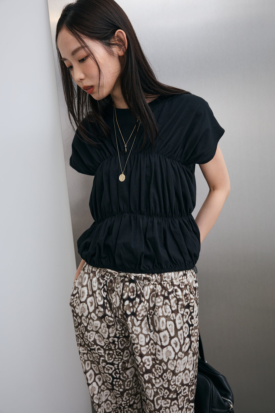 [予約/SET]シャーリングTシャツ+レオパードルーズパンツ(2set)