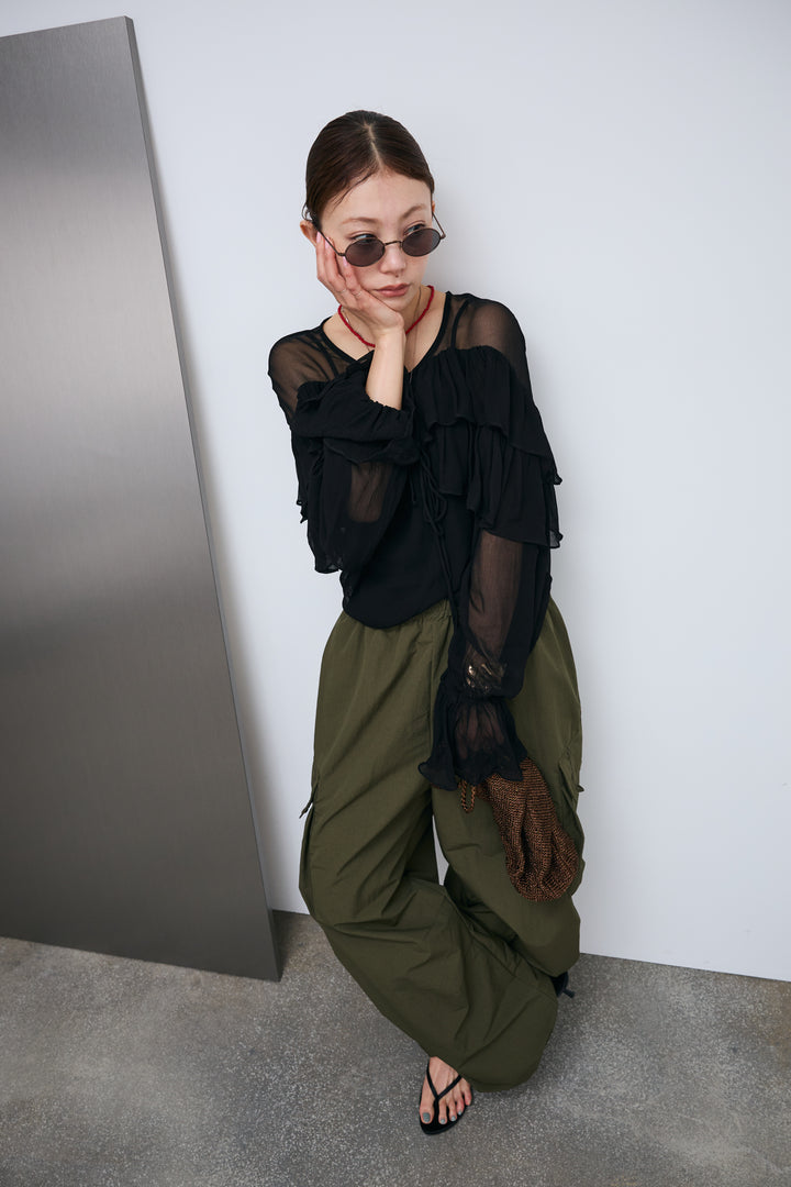 [予約/SET]楊柳シアーフリルブラウス+ルーズカーゴパンツ(2set)
