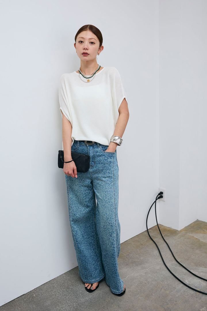 [予約/SET]シルク混アシンメトリードルマンサマーニット+レオパード5pocketデニム(2set)
