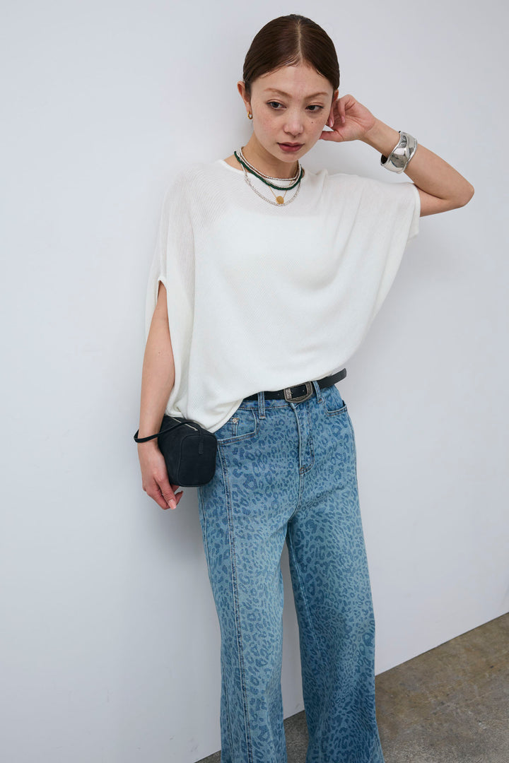[予約/SET]シルク混アシンメトリードルマンサマーニット+レオパード5pocketデニム(2set)