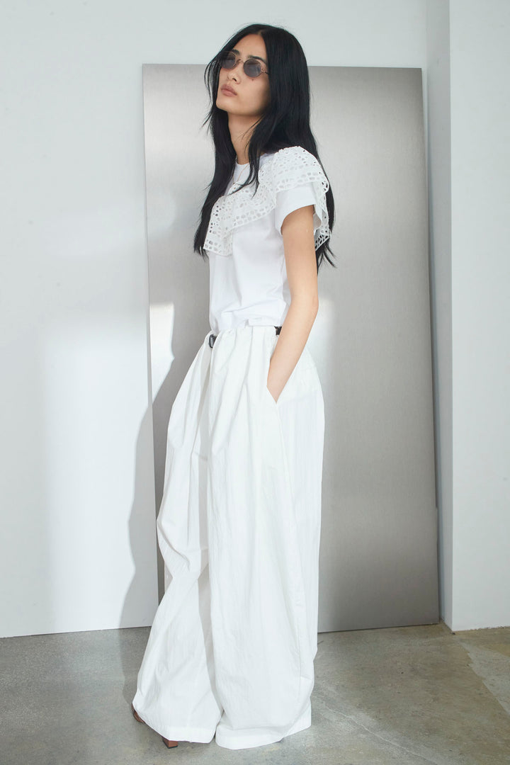 [予約/SET]アシメオフショルレースT+ベルト付きワイドタックカーブパンツ(2set)