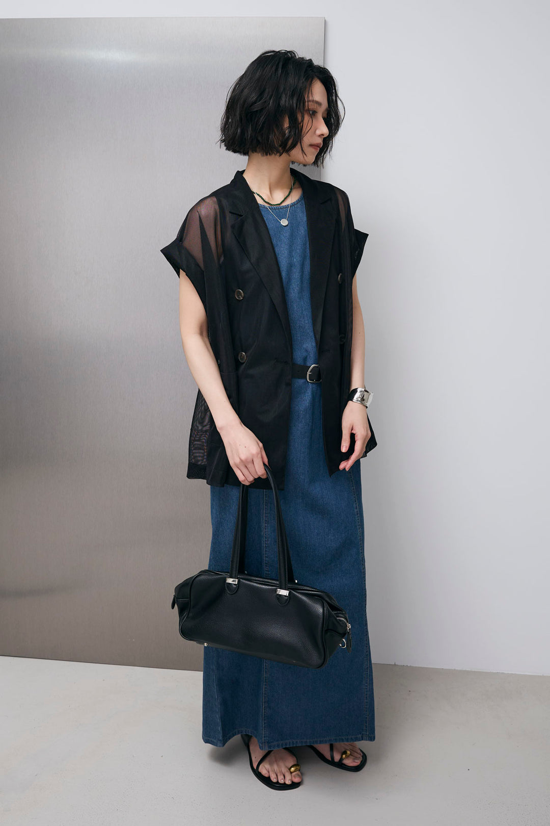 [予約/SET]メッシュフレンチスリーブジャケット+デニムノースリワンピ(2set)