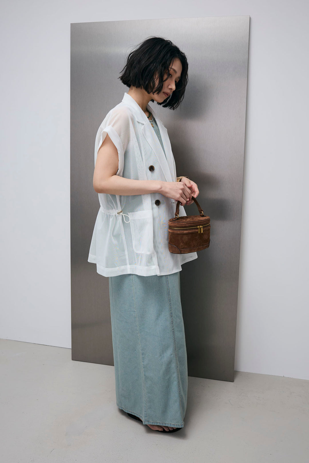 [予約/SET]メッシュフレンチスリーブジャケット+デニムノースリワンピ(2set)