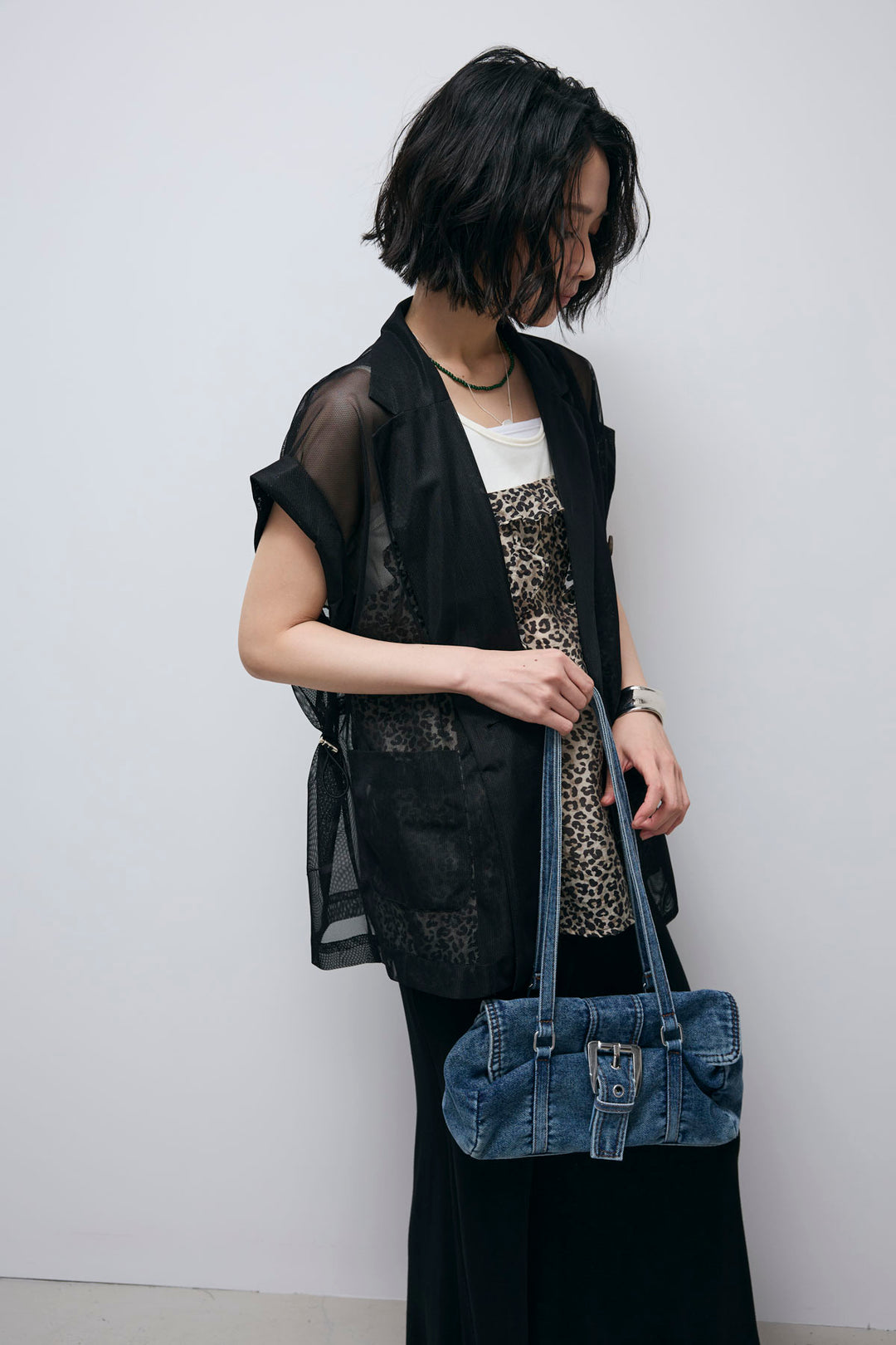 [予約/SET]メッシュフレンチスリーブジャケット+レオパードフリルキャミセットノースリーブトップス+アシメウエストカットスカート(3set)