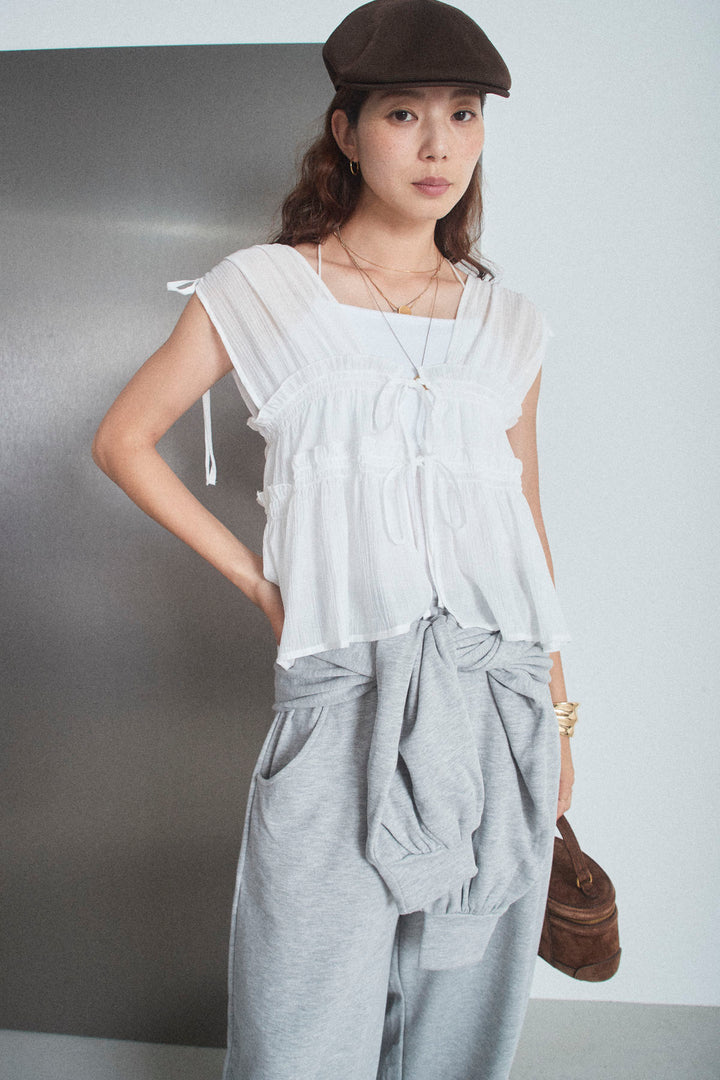 [予約/SET]楊柳リボンシャーリングブラウス+スリーブベルト付コクーンパンツ(2set)