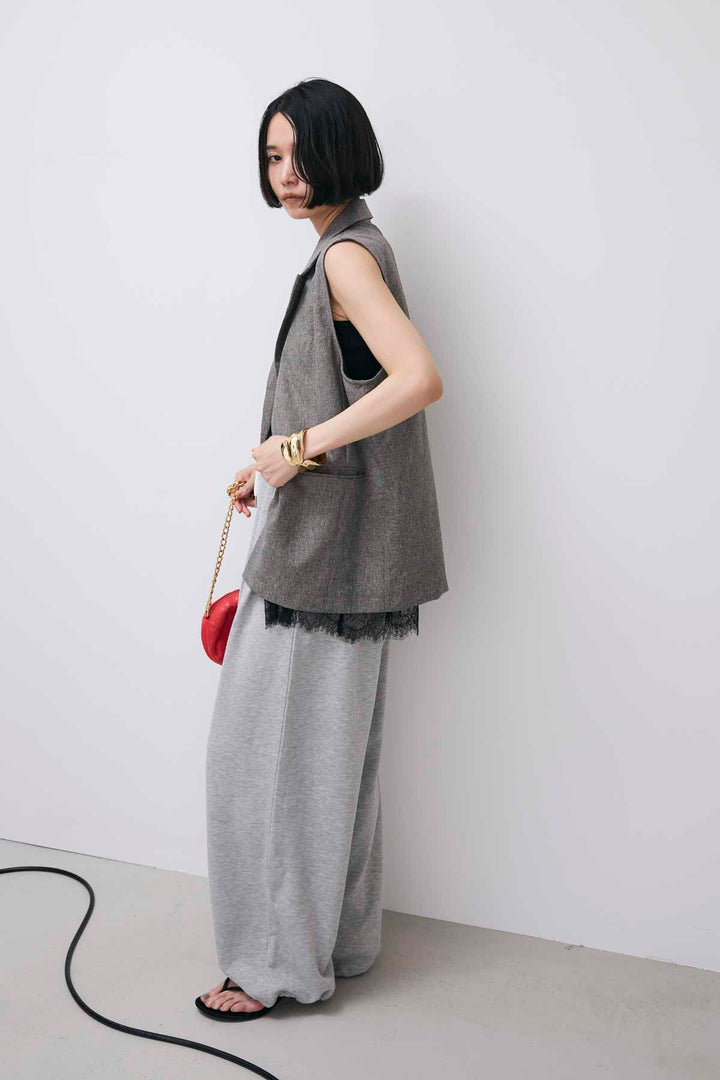 [予約/SET]サマーツイードライク裾レースJKベスト+裏毛ダブルタックワイドパンツ(2set)