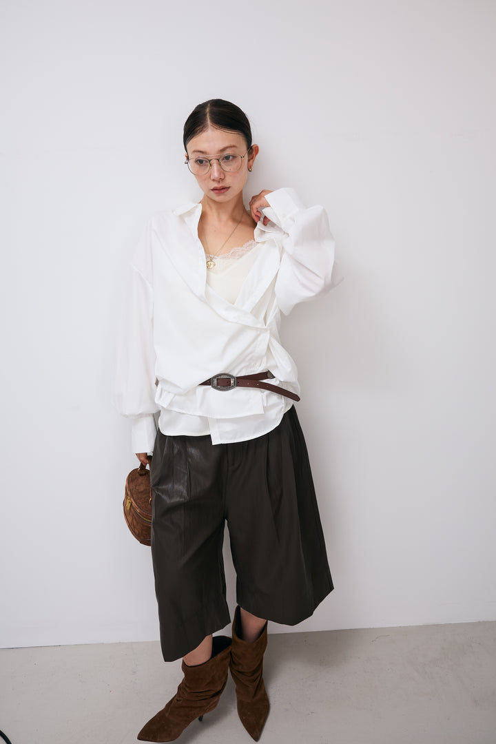 [予約/SET]2wayベーシックルーズシャツ+フェイクレザーキュロット(2set)