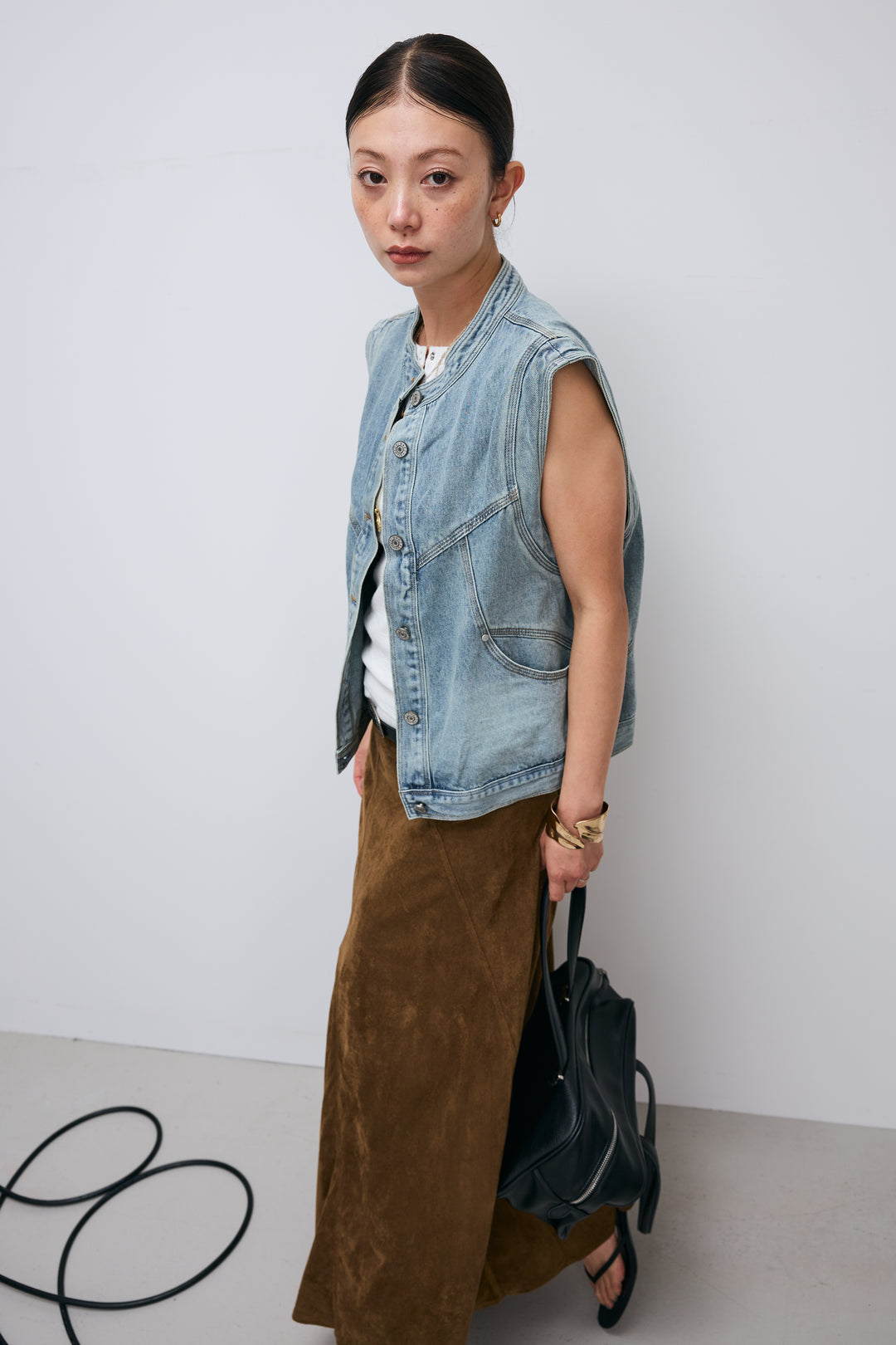 [予約/SET]ユーティリティデニムベスト+フェイクスウェードドレープロングスカート(2set)